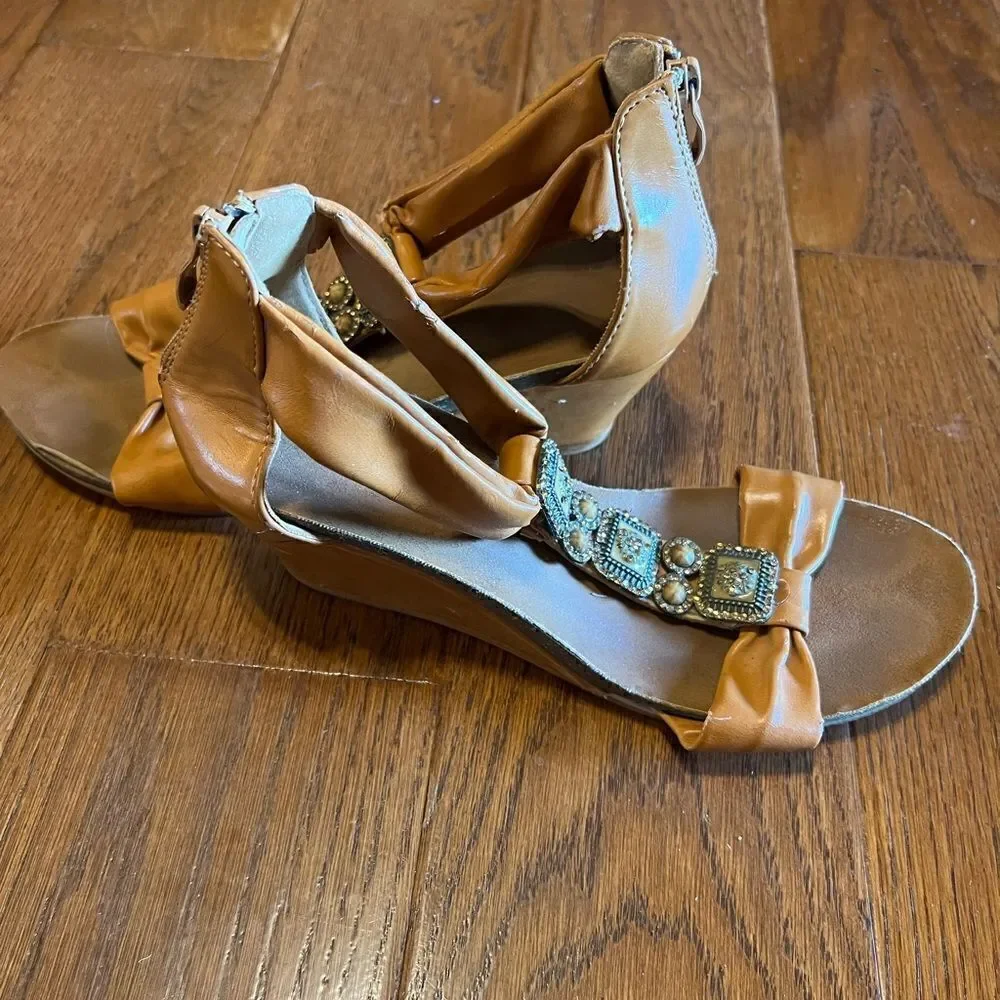 Gorgeous camel color rhinestone embellished wedge sandals size 8